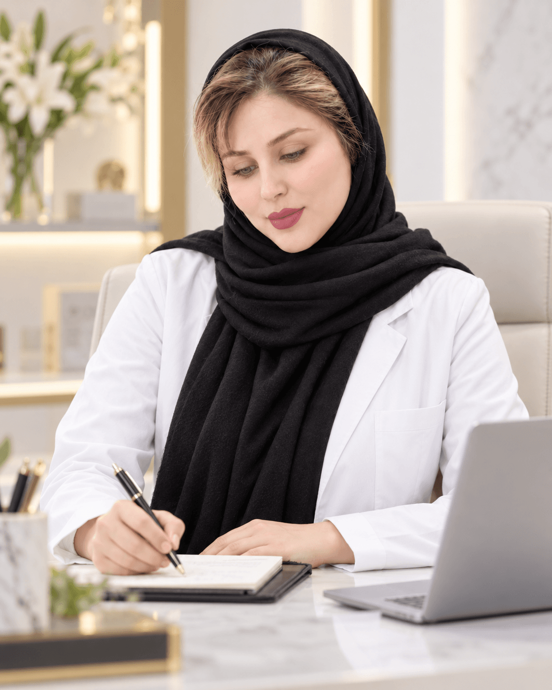 دکتر مریم فارسی هنگام مشاوره و یادداشتبرداری